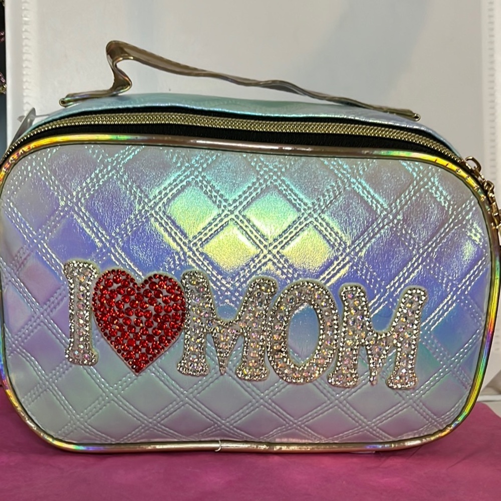 Silver and Red Quilted Cosmetic Bag with Accessories - Picture 2 of 5